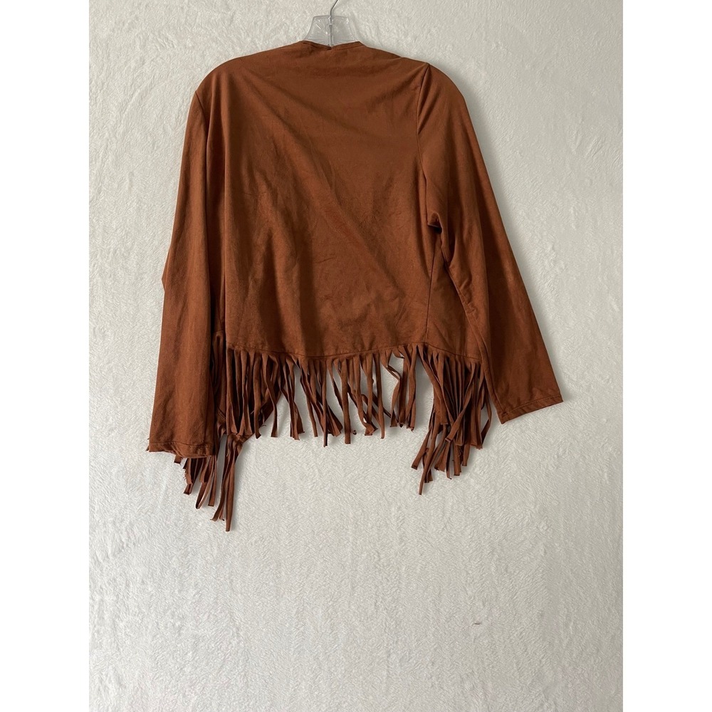 Womens Faux Suede Fringe Open Front Cardigan Brown Boho Large XL Western - Picture 7 of 7